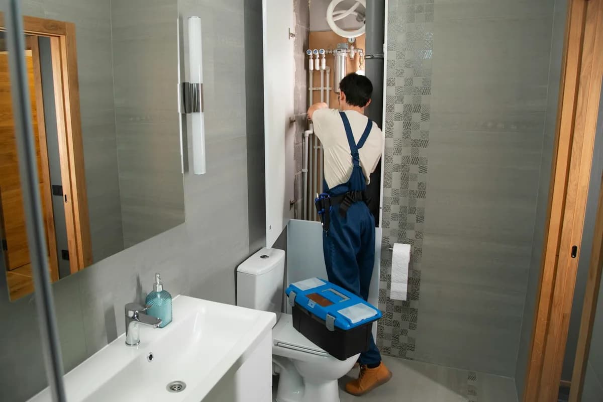 Encanador realizando instalação hidráulica em banheiro residencial.